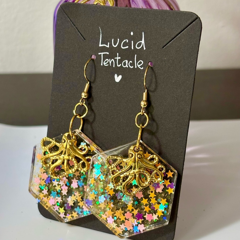 Lucid Tentacle Octopus Earrings, Handmade Resin Hexagon Earrings, Ocean Jewelry
